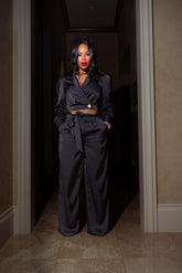 "Olivia" Crop Blouse Pant Set (Black)