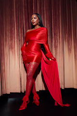 "Deja Vu" One Shoulder Ruched Mini Dress (Red)