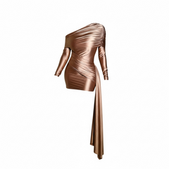 "Deja Vu" One Shoulder Ruched Mini Dress (Gold)