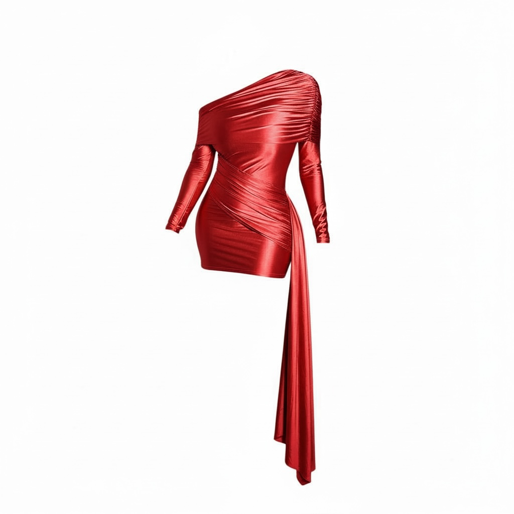 "Deja Vu" One Shoulder Ruched Mini Dress (Red)